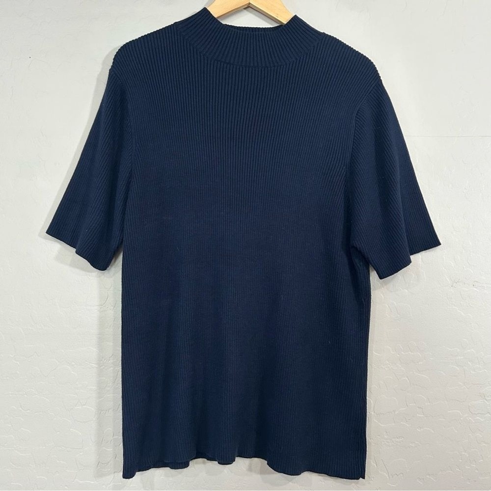 Avenue Navy Blue Ribbed Knit Mock Neck Top Plus Size 3X Short Sleeve Sweater